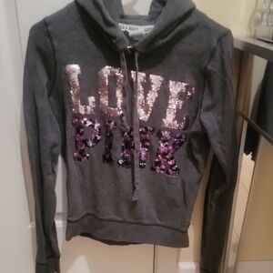 PINK Victoria's Secret Gray Hoodie with Purple, Pink, & Black Sequin Accents. S
